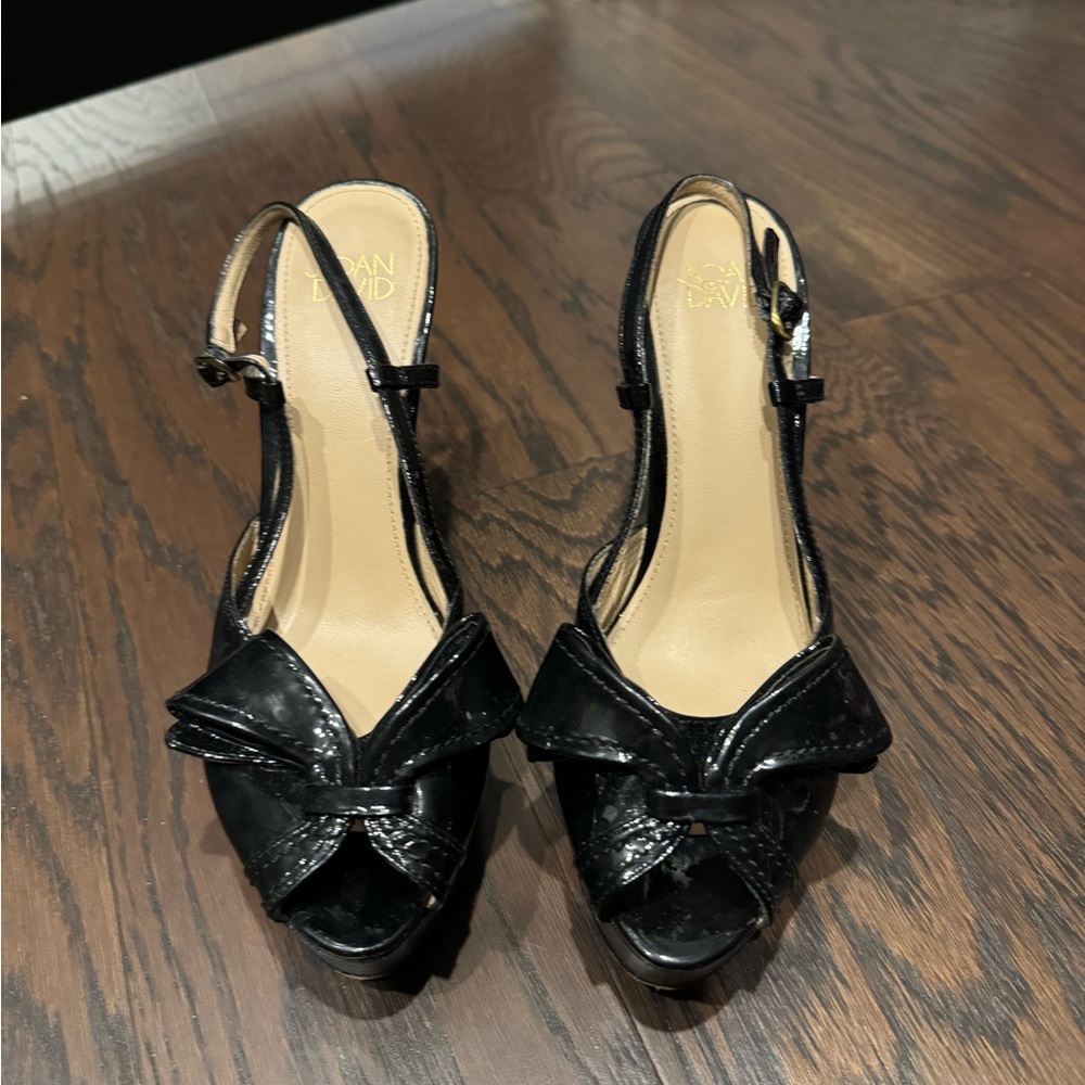JOAN AND DAVID Womens Black Patent Leather SLINGBACK  BOW Wedge Size 8.5